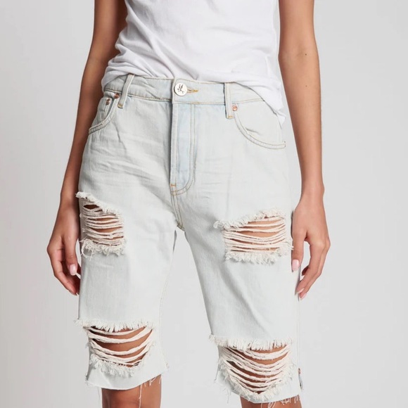 One Teaspoon Longline Trucker Denim Shorts, Size 26, NWT, White Ripped Shorts - Picture 1 of 13
